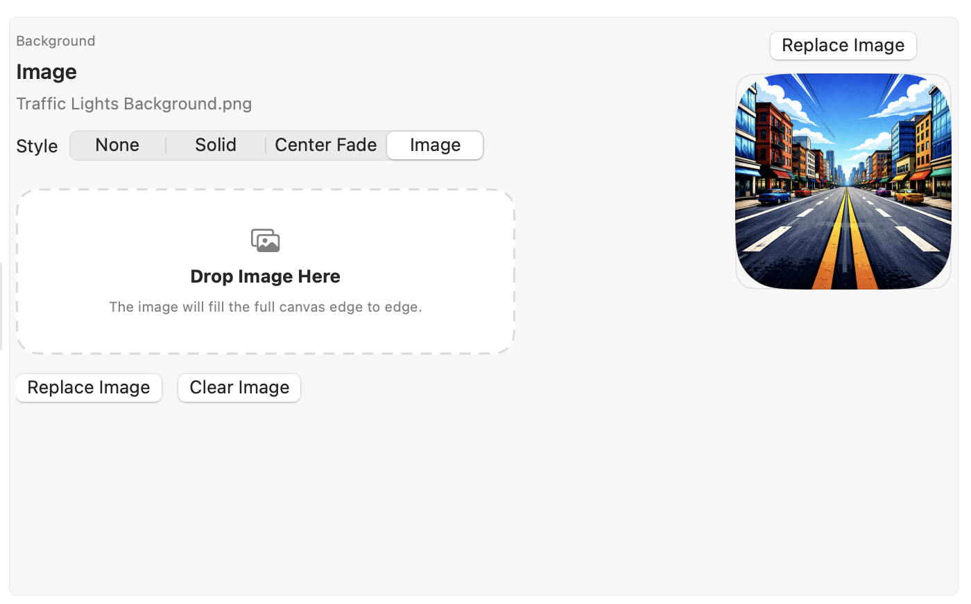 Background editor showing an image background with replace and clear image controls.