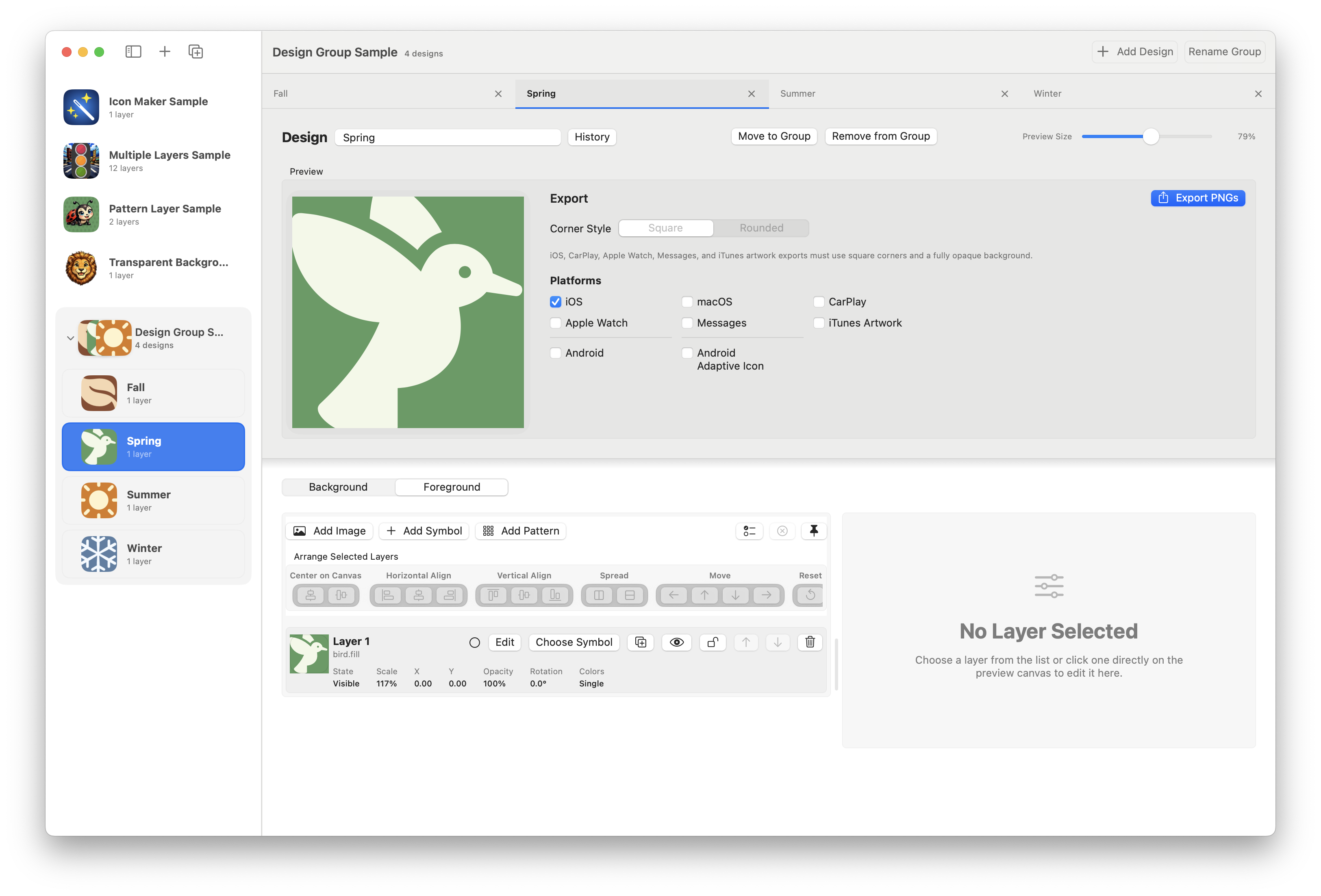 A grouped set of app icon designs shown as tabs across the design area.