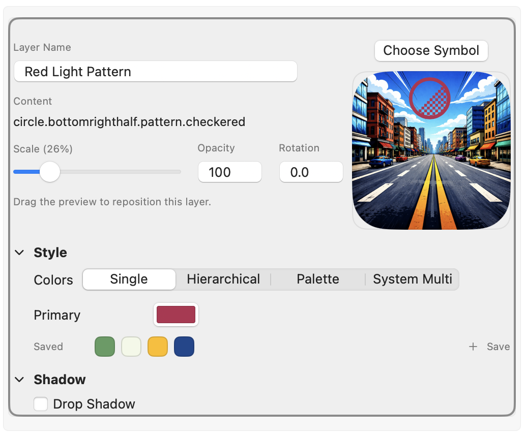 Layer list and inspector showing controls for a selected pattern layer.