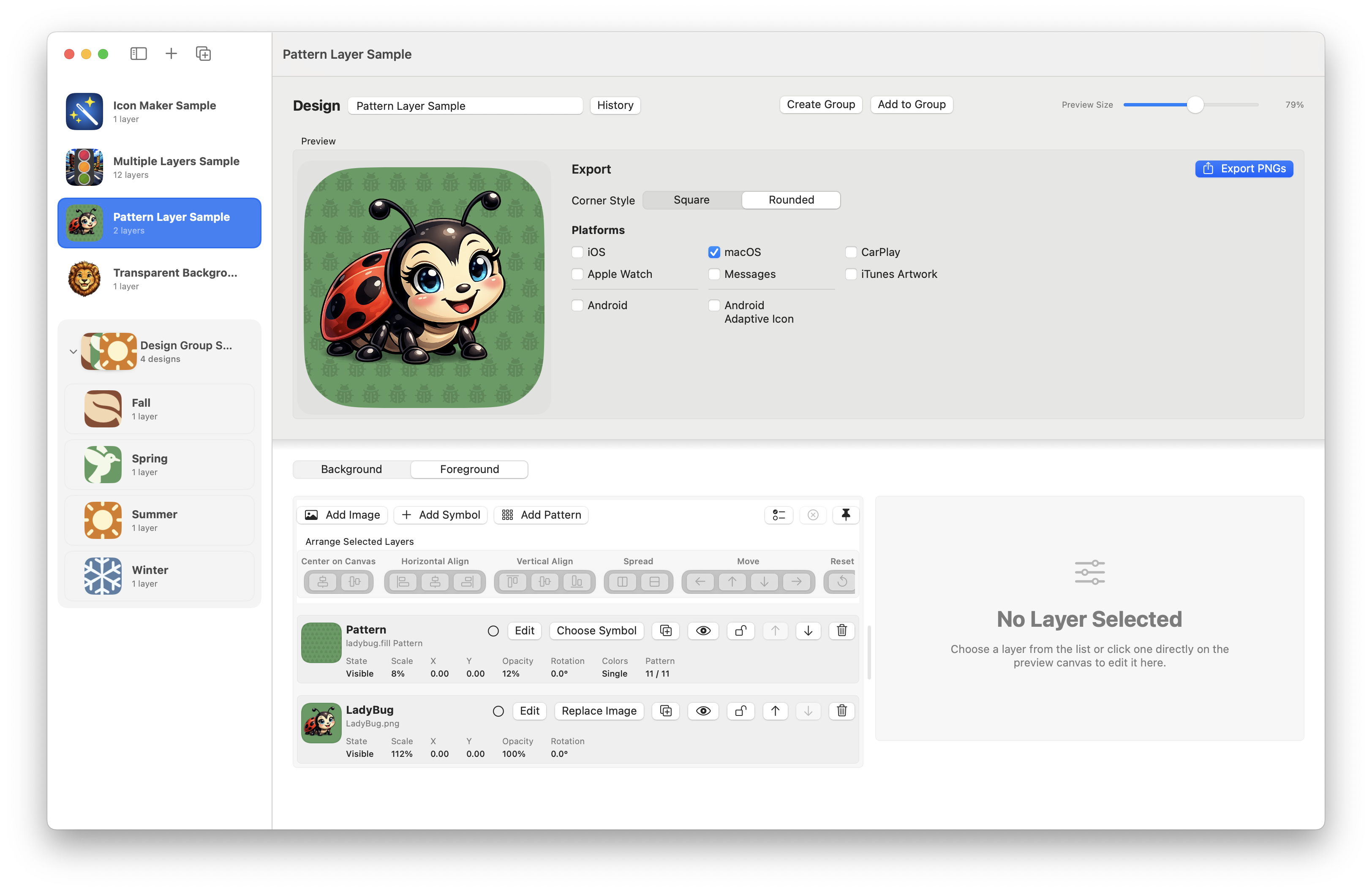 IconMaker main editor showing a layered traffic light design, layer list, and inspector.