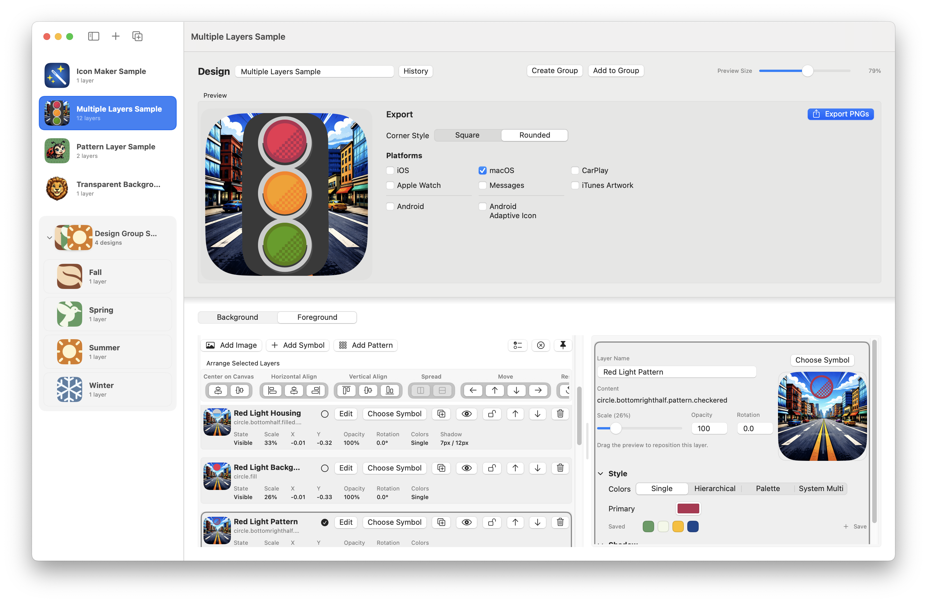 Pattern-based icon design shown in the IconMaker editor.