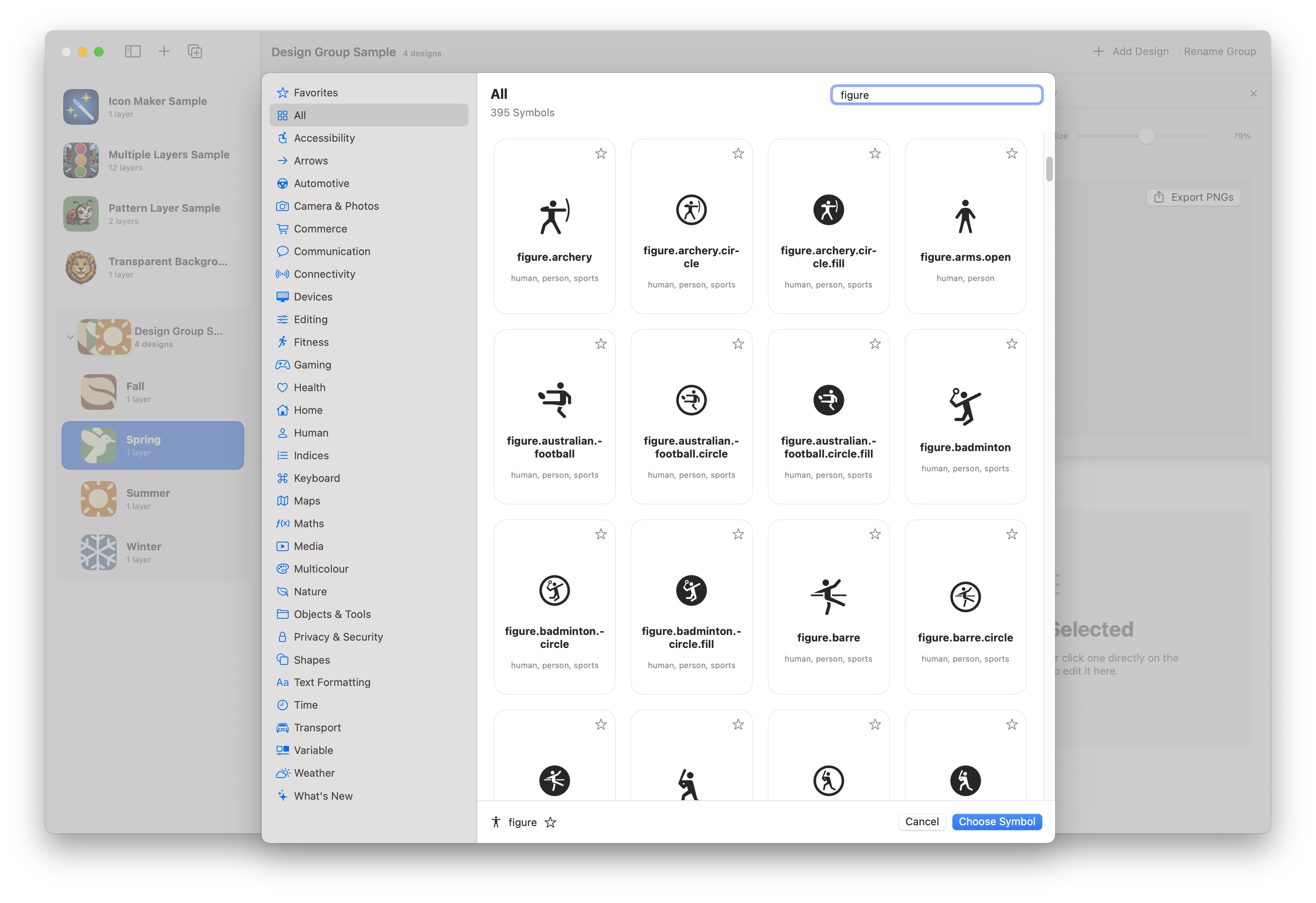Symbol picker showing search results for figure symbols across many categories.